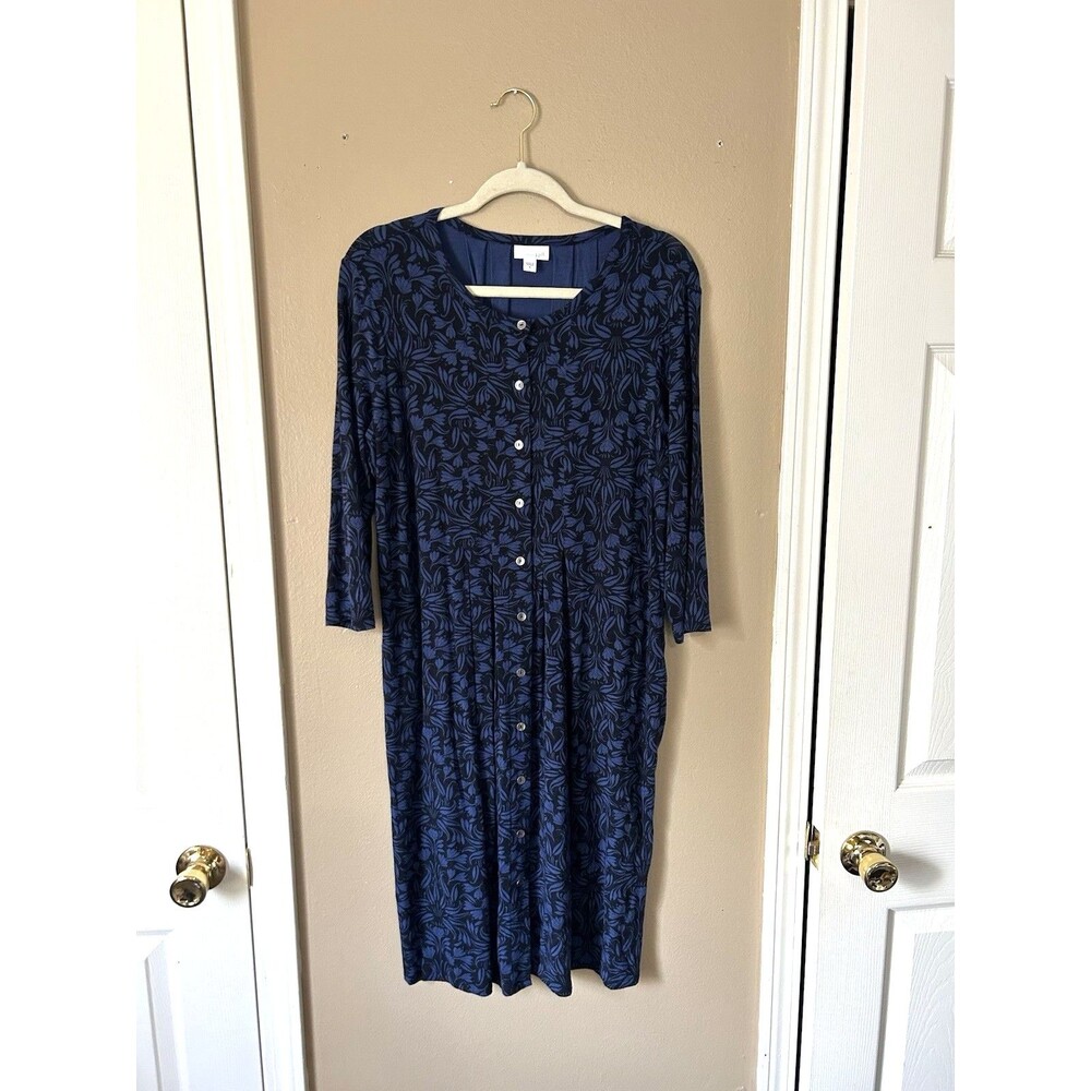 J. Jill Wearever Women Dress Size L Blue Floral Stretch Button Midi Cottage